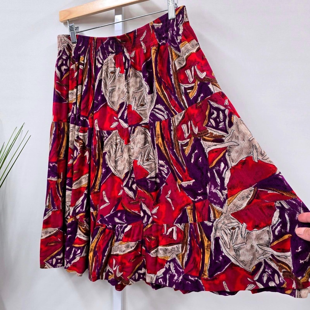Fritzi California Vintage 90s Abstract Print Tiered Midi Skirt Red‎ Purple L